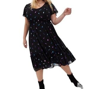 Torrid Black Chiffon Cocktail Glass Print Ruffle Tiered Dress Size 1